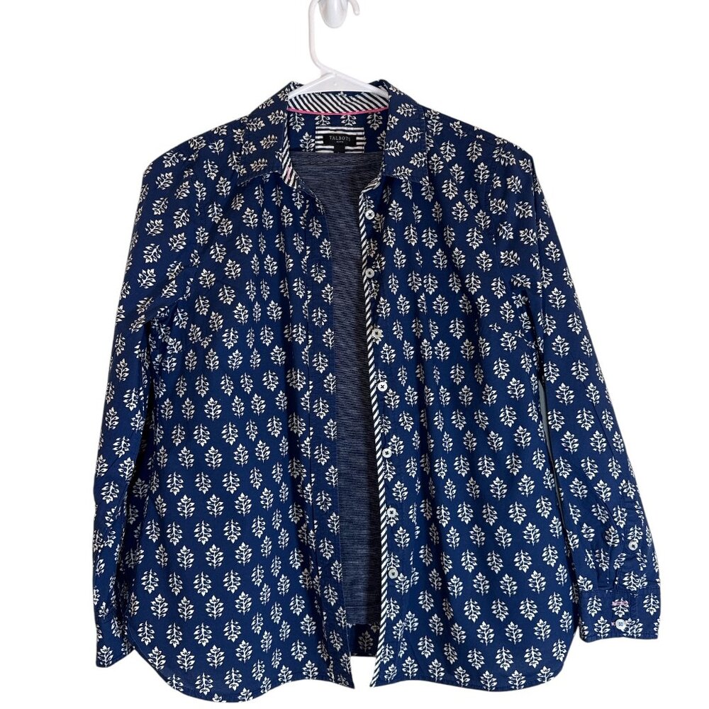 Talbots Button Up Size S Petite Blue White Tropical Long Sleeve Cotton 2 Shirts